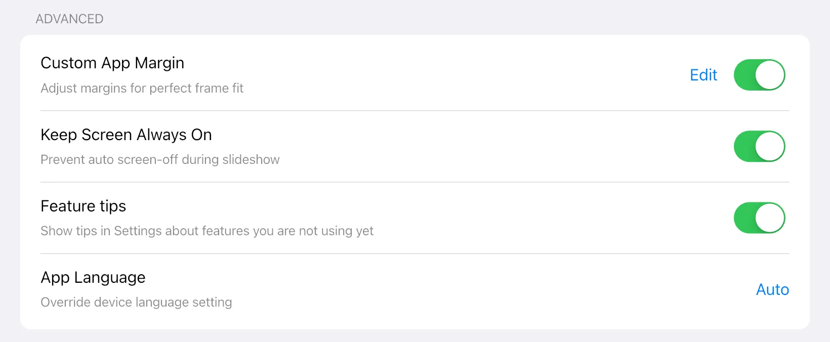 Settings in the app: Custom Margins