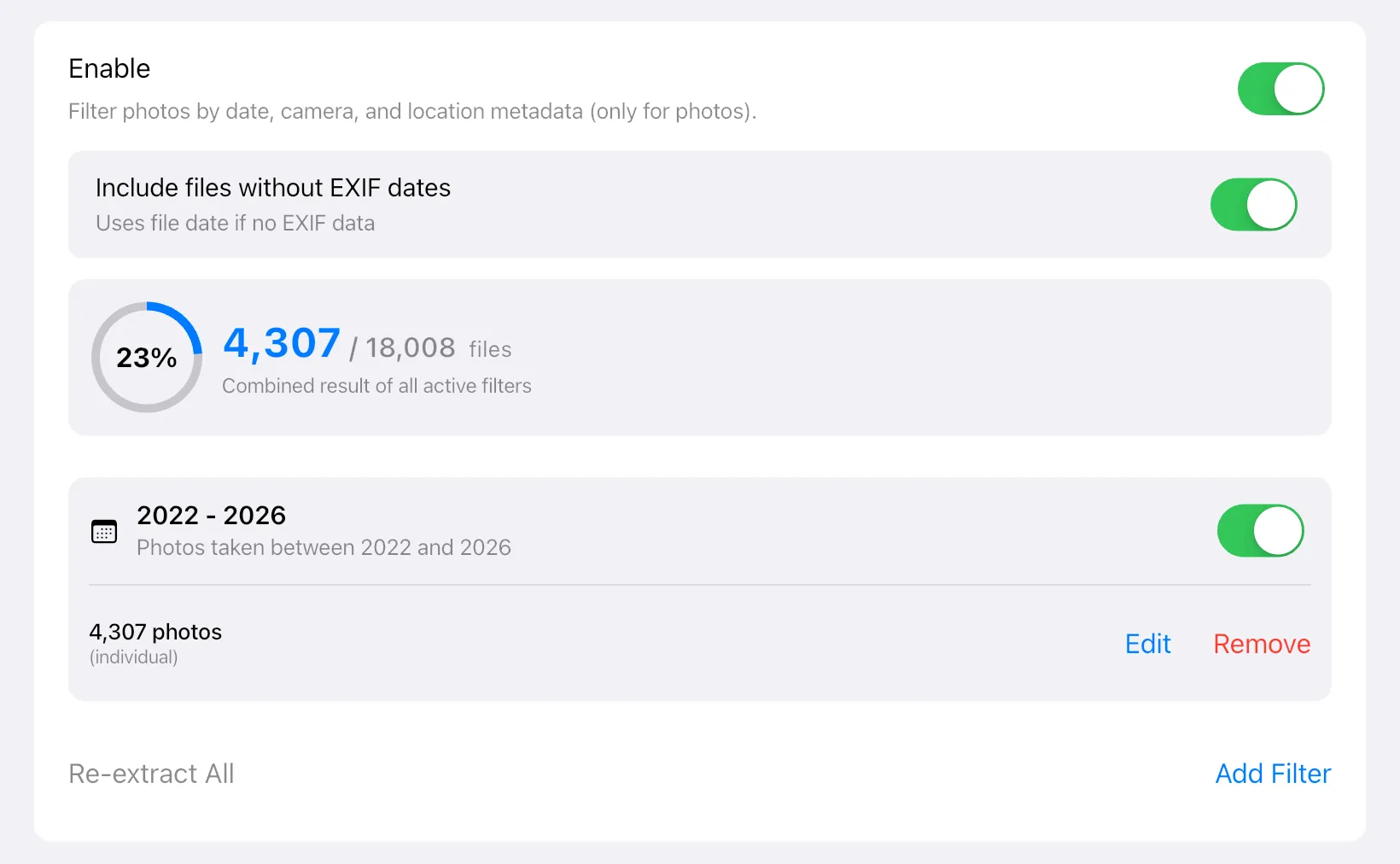 Settings in the app: EXIF Data & Filters