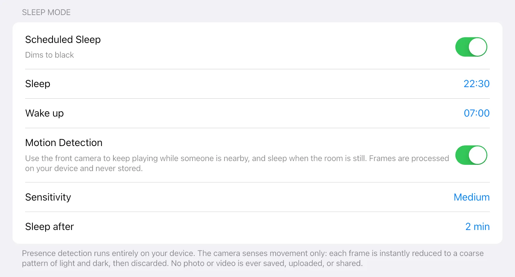 Settings in the app: Motion-Aware Sleep