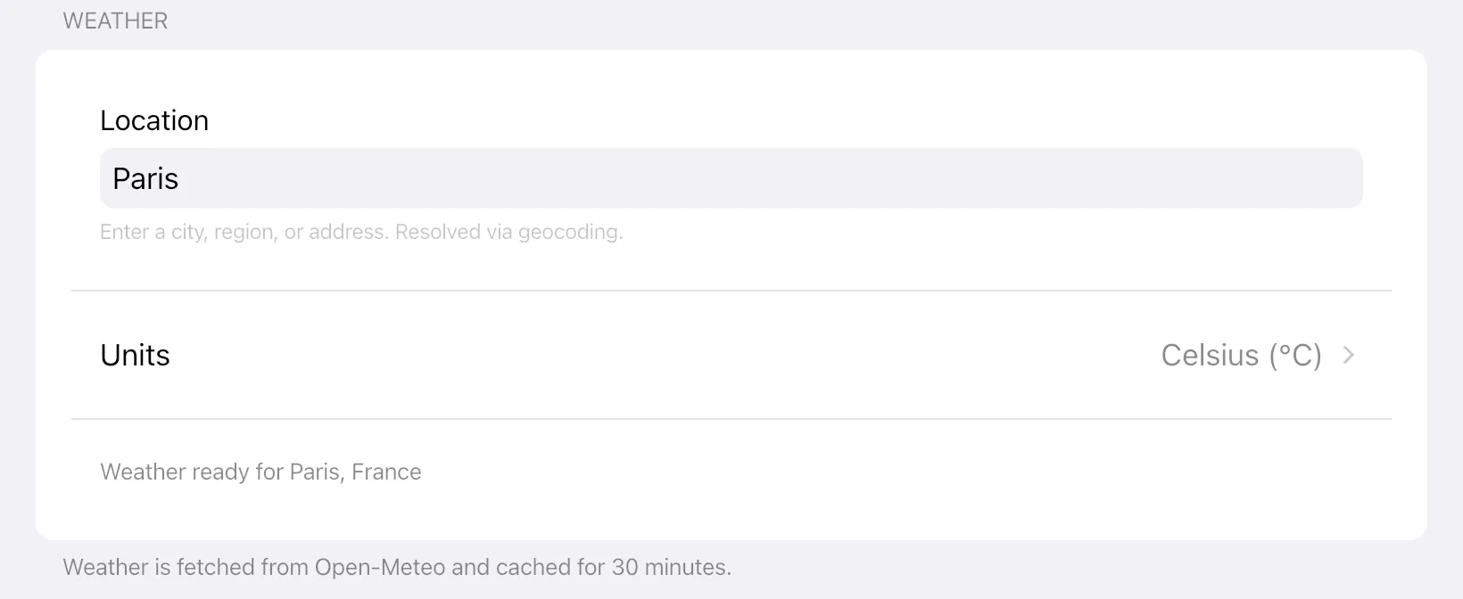 Settings in the app: Live Weather Overlay