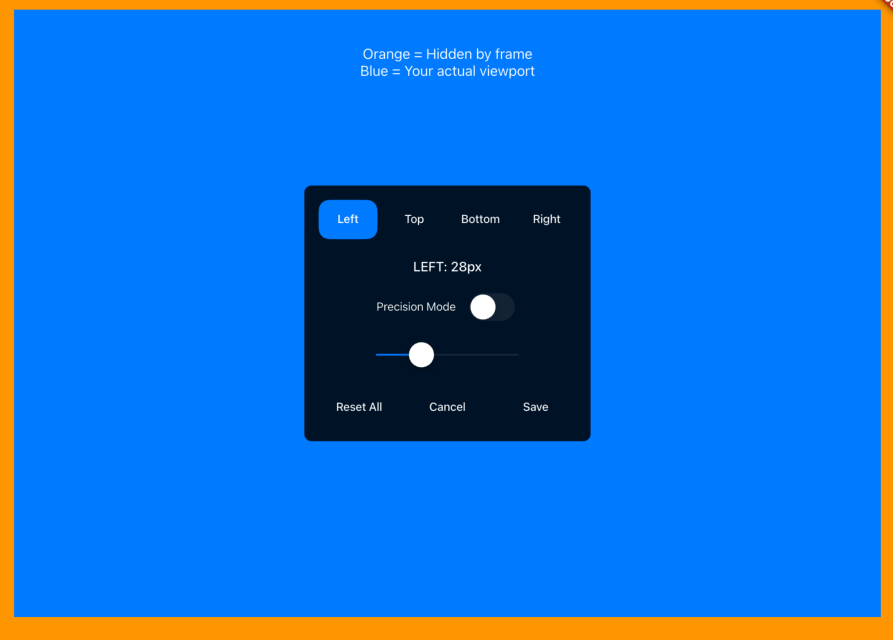 Pixette Custom Margins feature. Orange area is hidden by the frame, blue area is the actual viewport