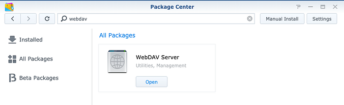 Synology Package Center showing WebDAV Server package