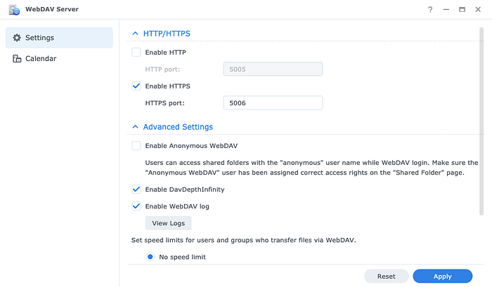 WebDAV Server settings with HTTPS enabled on port 5006