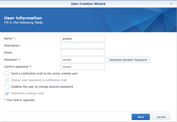 Synology Control Panel user creation wizard