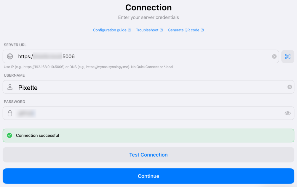 Pixette app connection settings screen