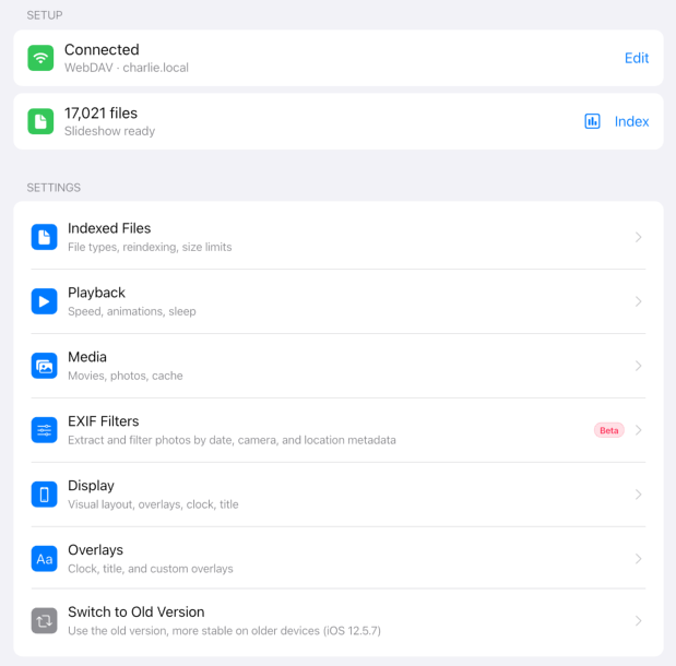 Pixette settings screen showing WebDAV connection, indexed files, playback, media, EXIF filters, display, and overlay options